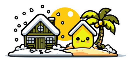 A vibrant cartoon illustration featuring a cozy house in snow and a cheerful yellow house under the sun with a palm tree, blending winter and summer.のイラスト素材