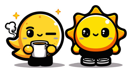 This vibrant cartoon illustration features two cheerful characters, one holding a coffee cup and the other representing a bright sun, radiating joy and warmth.のイラスト素材