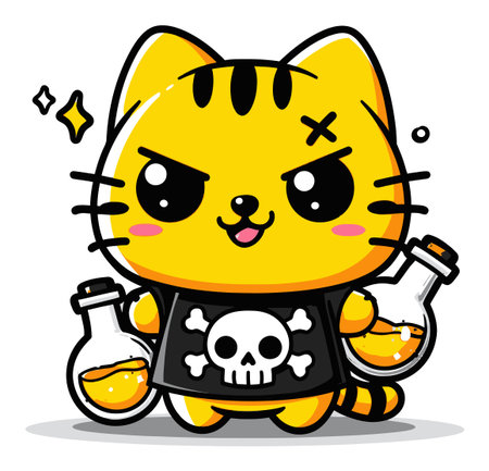 This delightful cartoon cat with a mischievous grin holds colorful potions in flasks, showcasing a playful design perfect for children's themes and imaginative storytelling.のイラスト素材