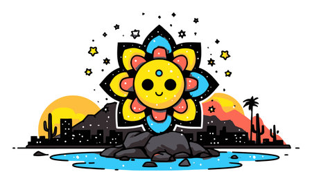 A vibrant cartoon-style sunflower smiles brightly in a desert sunset scene. The artwork features lively colors, cacti, stars, and serene water. Perfect for cheerful designs.のイラスト素材