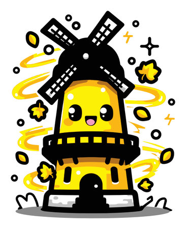This vibrant cartoon windmill features a cheerful character with a joyful expression. Perfect for designs, children's art, and playful themes.のイラスト素材
