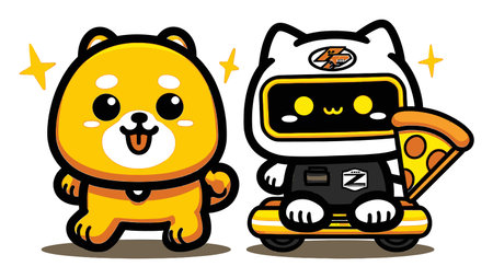 This delightful cartoon features a charming dog and cat duo, with the cat riding a hoverboard and holding a slice of pizza, radiating joy and whimsy.のイラスト素材