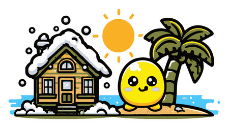 A vibrant cartoon scene featuring a cheerful character beside a cozy house covered in snow, with a palm tree and sun, showcasing playful contrasts in nature.のイラスト素材
