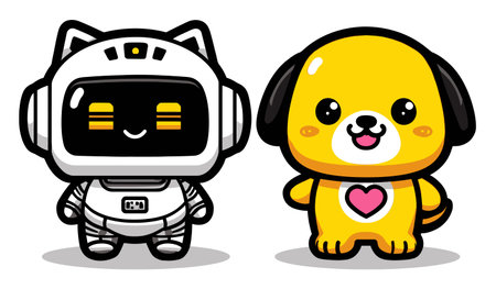 Adorable cartoon design featuring a smiling robot and a cheerful dog character. Perfect for childrens projects, animations, and playful illustrations.のイラスト素材