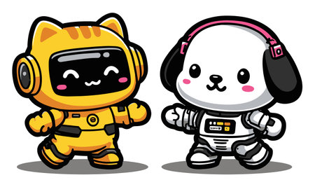Two cute cartoon animals, a cat and a dog, are joyfully dancing in colorful space suits. This vibrant illustration captures a playful and whimsical vibe perfect for children's themes.のイラスト素材
