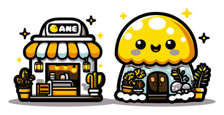 A delightful cartoon illustration featuring a charming shop and a joyful mushroom house. Both designs showcase vibrant colors, playful elements, and whimsical details, perfect for a cheerful aesthetic.のイラスト素材