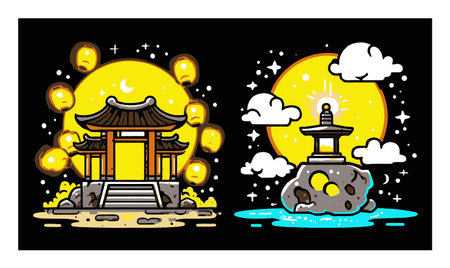 A vibrant cartoon illustration showcasing an Asian landscape with a traditional pagoda, surrounded by lanterns, clouds, and a serene water feature under a bright sun.のイラスト素材