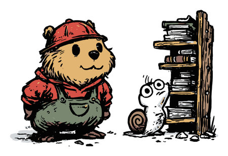 This delightful illustration features a charming bear character wearing a red hat, standing next to a curious snail and a bookshelf filled with books, perfect for children's themes.のイラスト素材