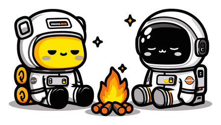 Adorable cartoon astronauts enjoy a cozy campfire under the stars in this whimsical space scene. Perfect for fun, light-hearted designs and creative projects!のイラスト素材