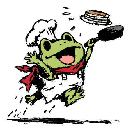 Whimsical illustration of a joyful frog in a chef's hat, delightfully tossing pancakes in the air. Perfect for children's art, cooking themes, or fun food projects.のイラスト素材