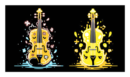 Discover a vibrant illustration of two playful cartoon violins, one bright yellow with splashes of creativity and floral accents. Perfect for music-themed projects.のイラスト素材