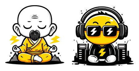 This vibrant cartoon features a meditating character and another enjoying music, showcasing joy and relaxation in a playful design. Perfect for creative projects!のイラスト素材