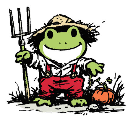 A vibrant illustration of a cheerful frog farmer wearing a straw hat, holding a pitchfork beside a pumpkin. Perfect for playful and whimsical art projects.のイラスト素材