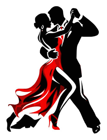 Captivating illustration of a couple dancing, featuring a graceful woman in a red dress and a man in a black suit, embodying romance and elegance.のイラスト素材