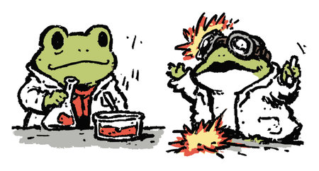 A whimsical illustration of a cartoon frog scientist in a lab coat, showcasing a fun science experiment gone wrong. Colorful and humorous!のイラスト素材