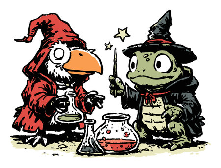 This delightful illustration features a charming bird and a whimsical frog in wizard attire, engaged in potion making, showcasing creativity and magic.のイラスト素材