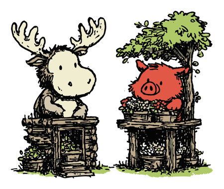 Delight in this charming illustration featuring a moose and a pig happily tending to their gardens. A whimsical representation of friendship and creativity in nature.のイラスト素材