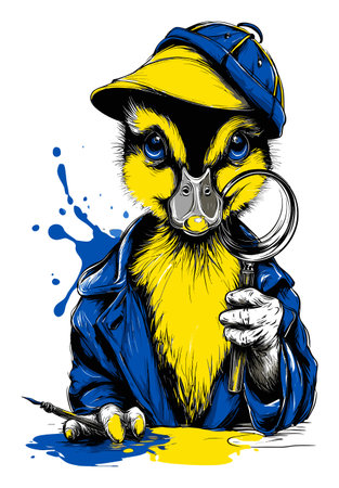 This vibrant hand-drawn illustration features a whimsical bird detective holding a magnifying glass. The playful character combines vivid colors and attention to detail, making it a charming piece for art lovers.のイラスト素材