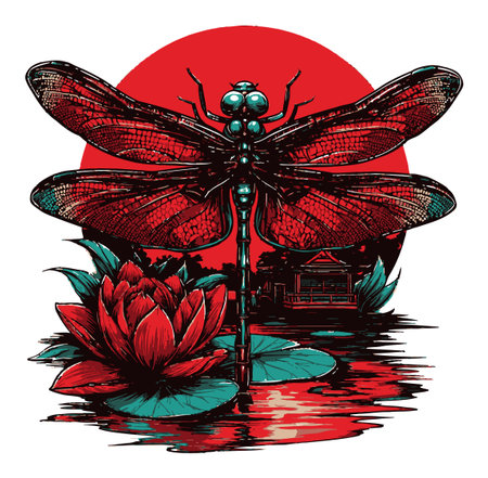 This vibrant illustration showcases a dragonfly silhouette set against a striking red sun. The detailed design features a lily flower in a tranquil pond, creating a serene and artistic scene.のイラスト素材