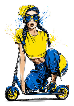 This vibrant hand-drawn illustration features a stylish girl riding a scooter, capturing the essence of youthful energy and creative expression in urban fashion.のイラスト素材