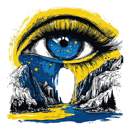 Explore a captivating hand-drawn illustration of a mesmerizing eye, merging vibrant colors with a scenic landscape featuring mountains and a flowing river.のイラスト素材