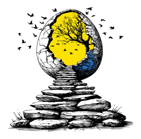This hand-drawn illustration of a cracked egg reveals a tree and birds, symbolizing growth and freedom through a surreal abstract design.のイラスト素材