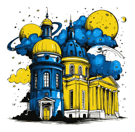 Vibrant hand-drawn illustration features a unique building with domes set against a cosmic background of stars and planets. Perfect for art enthusiasts.のイラスト素材
