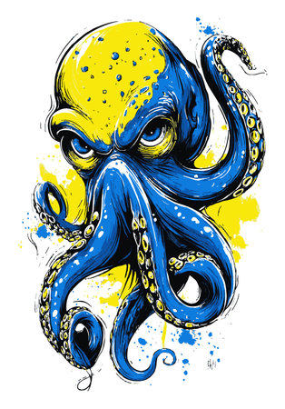 Discover a vibrant hand-drawn illustration of a stylized octopus, featuring bold blue and yellow hues. This imaginative artwork captures a playful marine creature with expressive eyes and dynamic tentacles.のイラスト素材