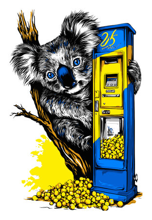 This hand-drawn illustration features a charming koala by a vintage vending machine. The vibrant colors and whimsical design make it perfect for playful art enthusiasts.のイラスト素材