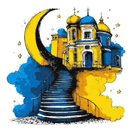 Explore this charming hand-drawn illustration featuring a staircase leading to a colorful moonlit building. A delightful blend of fantasy and art!のイラスト素材