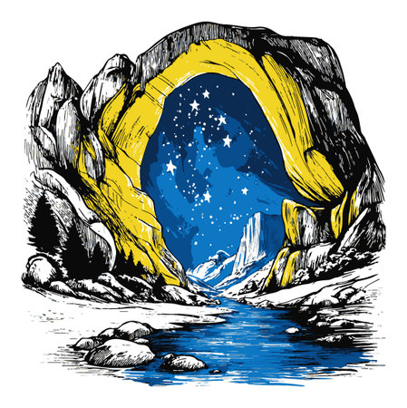 This vibrant hand-drawn illustration features a cave illuminated by a starry sky and flowing river, creating a serene and adventurous atmosphere. Perfect for artistic projects.のイラスト素材