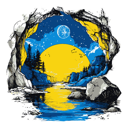 Experience a stunning hand-drawn illustration of a cave landscape bathed in sunrise colors, showcasing vibrant blues and yellows with serene reflections.のイラスト素材
