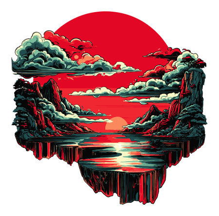 This striking illustration features a vibrant sunset silhouetted against dramatic clouds over still water. A perfect blend of creativity and nature, it evokes a sense of tranquility.のイラスト素材