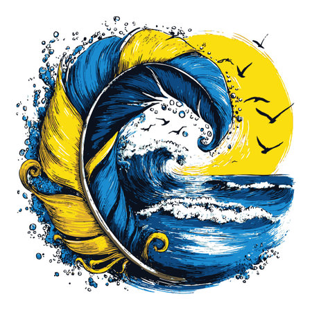 Engaging hand-drawn illustration featuring a dynamic wave and a feather in vivid blue and yellow colors, capturing a lively ocean scene perfect for art projects.のイラスト素材