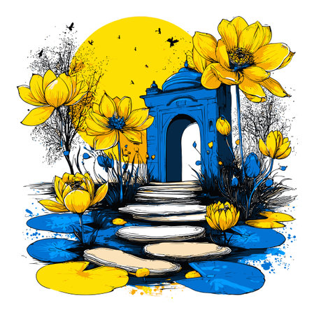 Discover a mesmerizing hand-drawn illustration featuring an archway surrounded by vibrant yellow flowers. This artwork captures the essence of nature's beauty.のイラスト素材
