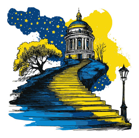 This hand-drawn illustration captures a serene pathway leading to a classical building, surrounded by whimsical stars and trees, embodying a tranquil outdoor atmosphere.のイラスト素材