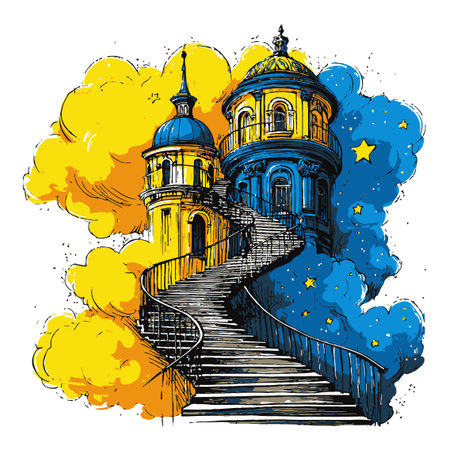 Explore this vibrant hand-drawn abstract illustration featuring a whimsical spiral staircase leading to charming towers amidst colorful clouds. Perfect for artistic projects.のイラスト素材