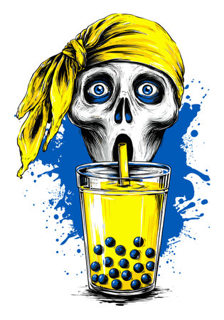 A hand-drawn illustration of a skull wearing a yellow bandana, sipping a drink. The vibrant colors and playful design create a unique artistic expression perfect for various projects.のイラスト素材