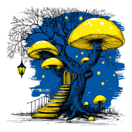 A vibrant hand-drawn illustration features a whimsical tree with bright yellow mushrooms and a glowing lantern, set against a dreamy blue backdrop.のイラスト素材