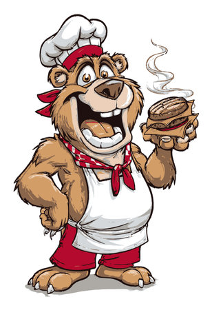 This cheerful cartoon bear chef adds a playful touch to your designs. With a big smile, he holds a delicious burger. Ideal for food-related themes or playful illustrations.のイラスト素材