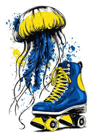 This vibrant illustration features a hand-drawn jellyfish alongside a stylish roller skate, combining aquatic themes with urban flair. Perfect for creative projects.のイラスト素材