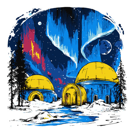 This striking hand-drawn illustration showcases a cosmic landscape with colorful northern lights, two domed structures, and tranquil snowy scenery, offering a vibrant and surreal vision of nature.のイラスト素材