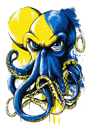 This vibrant hand-drawn octopus illustration features blue and yellow colors, exuding intensity and character. Perfect for creative projects or marine-themed designs.のイラスト素材