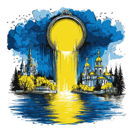 A captivating hand-drawn abstract illustration showcasing a surreal landscape. Featuring vibrant yellows and blues, this artwork blends natural elements with imaginative scenery.のイラスト素材