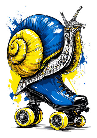 Discover a whimsical, hand-drawn illustration of a snail wearing a roller skate. Bright blue and yellow colors create a lively, playful atmosphere, perfect for any creative project.のイラスト素材
