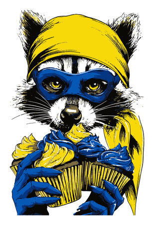 This vibrant, hand-drawn illustration features a raccoon wearing a playful mask, joyfully holding cupcakes. Perfect for quirky art projects and food-themed designs.のイラスト素材