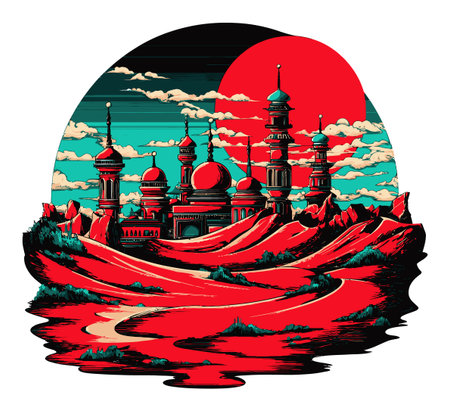 This captivating artwork depicts a vibrant red desert landscape featuring unique architectural silhouettes at sunset. The striking colors and bold designs create a dramatic atmosphere, highlighting the imaginative architecture amidst a serene backdrop.のイラスト素材