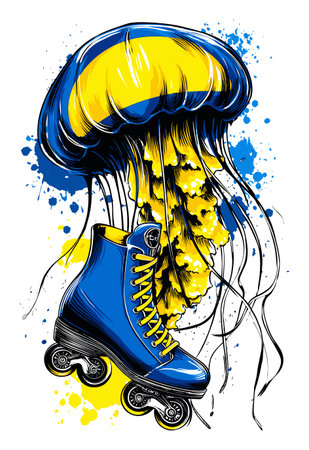 This lively hand-drawn illustration features a roller skate integrated with a stunning jellyfish design, capturing energy and creativity in bold colors.のイラスト素材