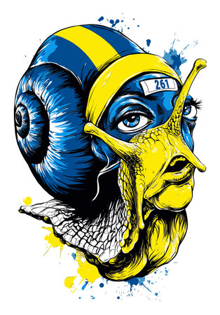 This hand-drawn illustration features a surreal snail character with a unique face, combining vibrant blue and yellow colors in a whimsical and imaginative design.のイラスト素材