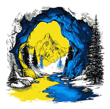 A vibrant hand-drawn abstract illustration featuring a mountain cave with a flowing river, framed by lush trees and vivid colors for a creative landscape.のイラスト素材